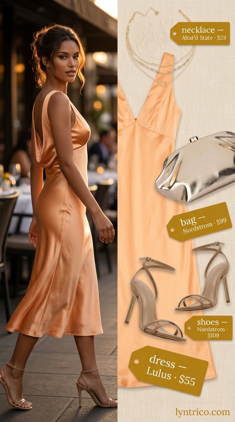 Summer outfits for women with warm skin tone 2026: Apricot satin slip dress, gold necklaces, nude heels, and gold clutch for evening glam.