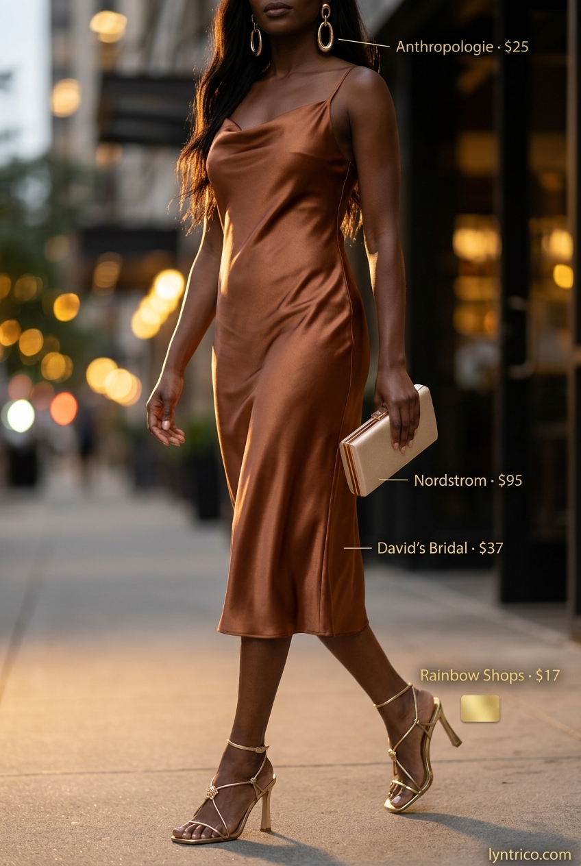 Bronze satin slip dress with gold accessories for summer outfits for women with warm skin tone 2026, evening event.