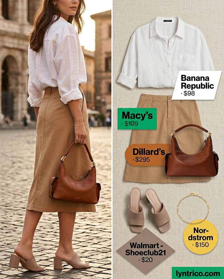 Camel linen midi skirt and white linen shirt for summer outfits for women with warm skin tone 2026, brunch.
