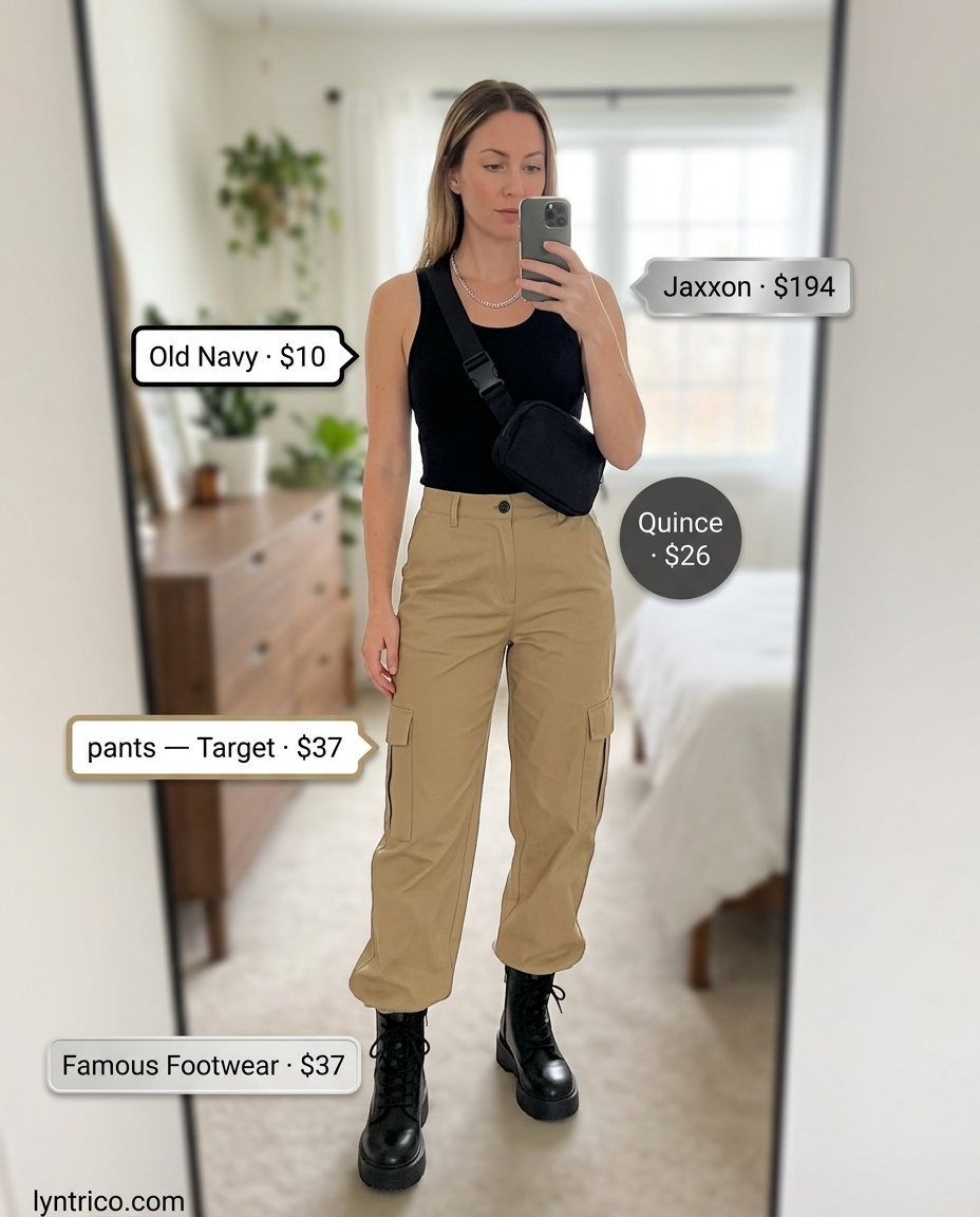Summer outfits for women with warm skin tone 2026: Khaki cargo pants, black tank, combat boots, and belt bag for edgy casual style.