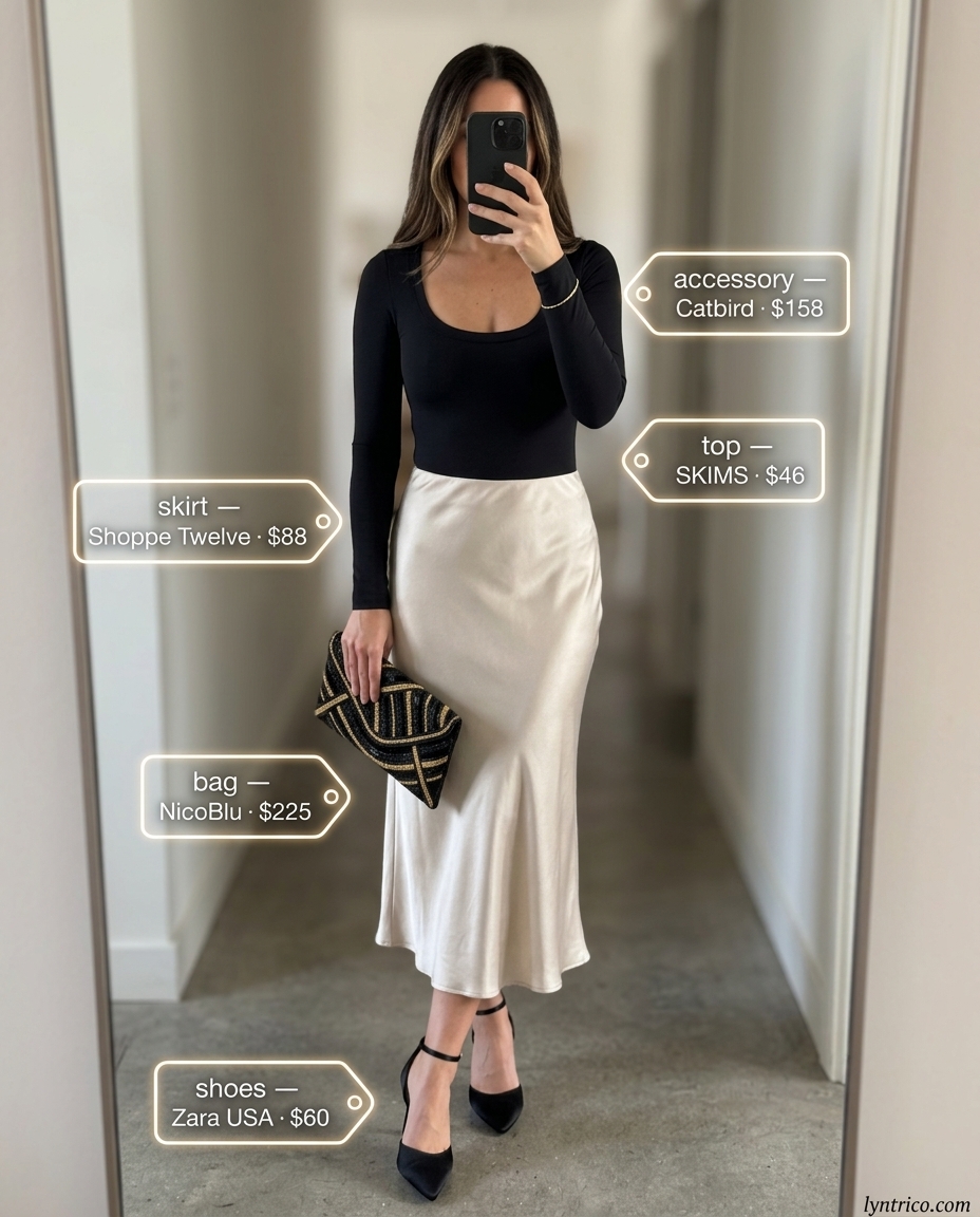 Champagne slip skirt and black bodysuit for summer outfits for women with warm skin tone 2026, date night.