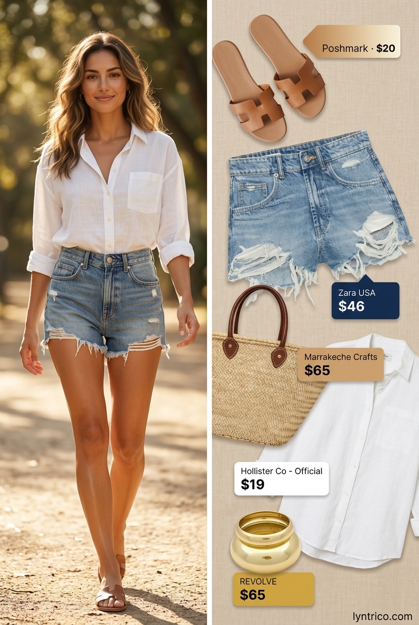 Summer outfits for women with warm skin tone 2026: Casual denim shorts, white linen shirt, straw tote, and tan slides for a relaxed day out.
