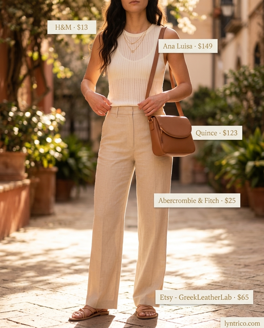 Beige linen pants and cream knit top for summer outfits for women with warm skin tone 2026, perfect for evenings.