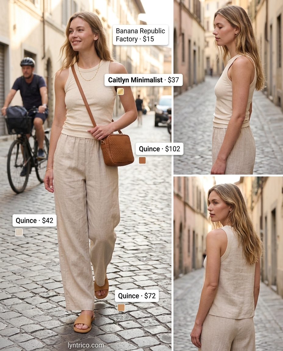Summer outfits for women with warm skin tone 2026: Beige linen pants, cream tank, gold necklace, and tan slides for chic travel style.