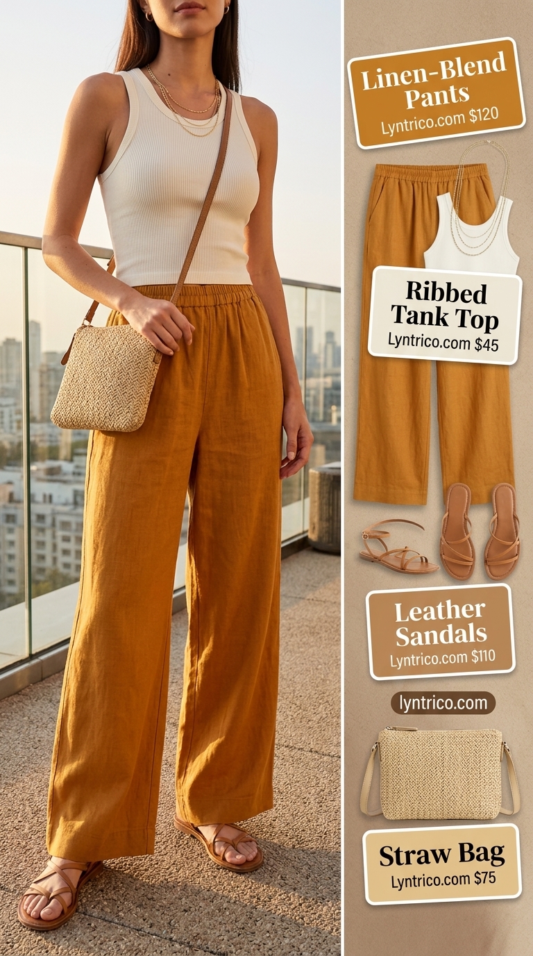 Ochre linen pants and cream tank for summer outfits for women with warm skin tone 2026, chic evening look.