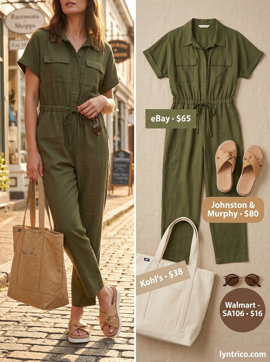 Olive green utility jumpsuit with tan sandals for summer outfits for women with warm skin tone 2026, casual lunch.