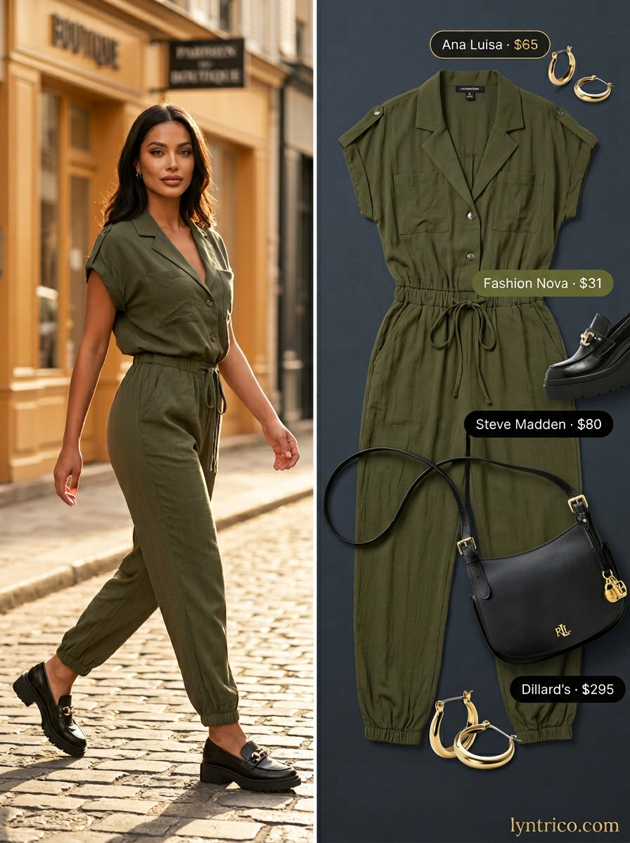 Summer outfits for women with warm skin tone 2026: Olive green utility jumpsuit, black loafers, crossbody bag, and gold hoops for modern chic.