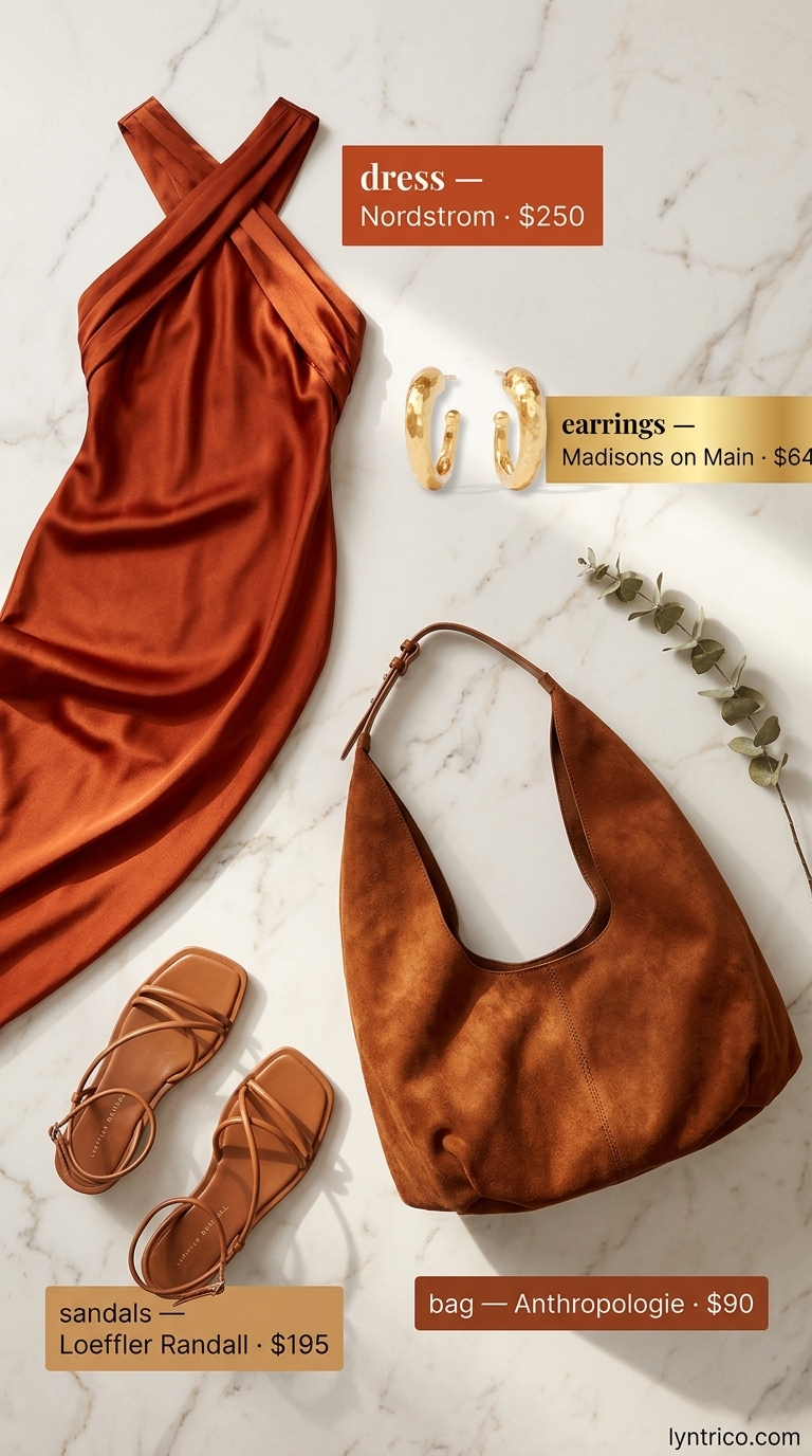 Rust orange maxi dress with tan sandals for summer outfits for women with warm skin tone 2026, evening event.