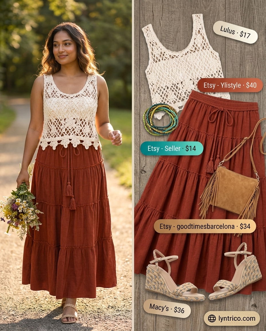 Summer outfits for women with warm skin tone 2026: Terracotta maxi skirt, white crochet top, espadrilles, and suede bag for boho garden party.
