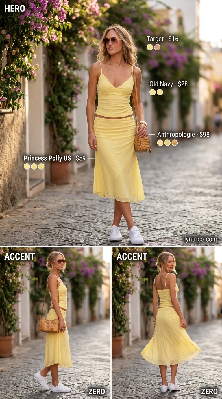 Summer outfits for women with warm skin tone 2026: Lemon yellow set, white shirt, sneakers, and crossbody bag for a playful vacation look.