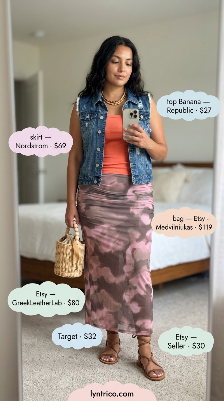 Desert Wanderer's Dream Summer Pleated Skirt Outfits 2026 Bohemian summer pleated skirt outfits 2026: Rust abstract print skirt, denim vest, gladiator sandals for a festival.