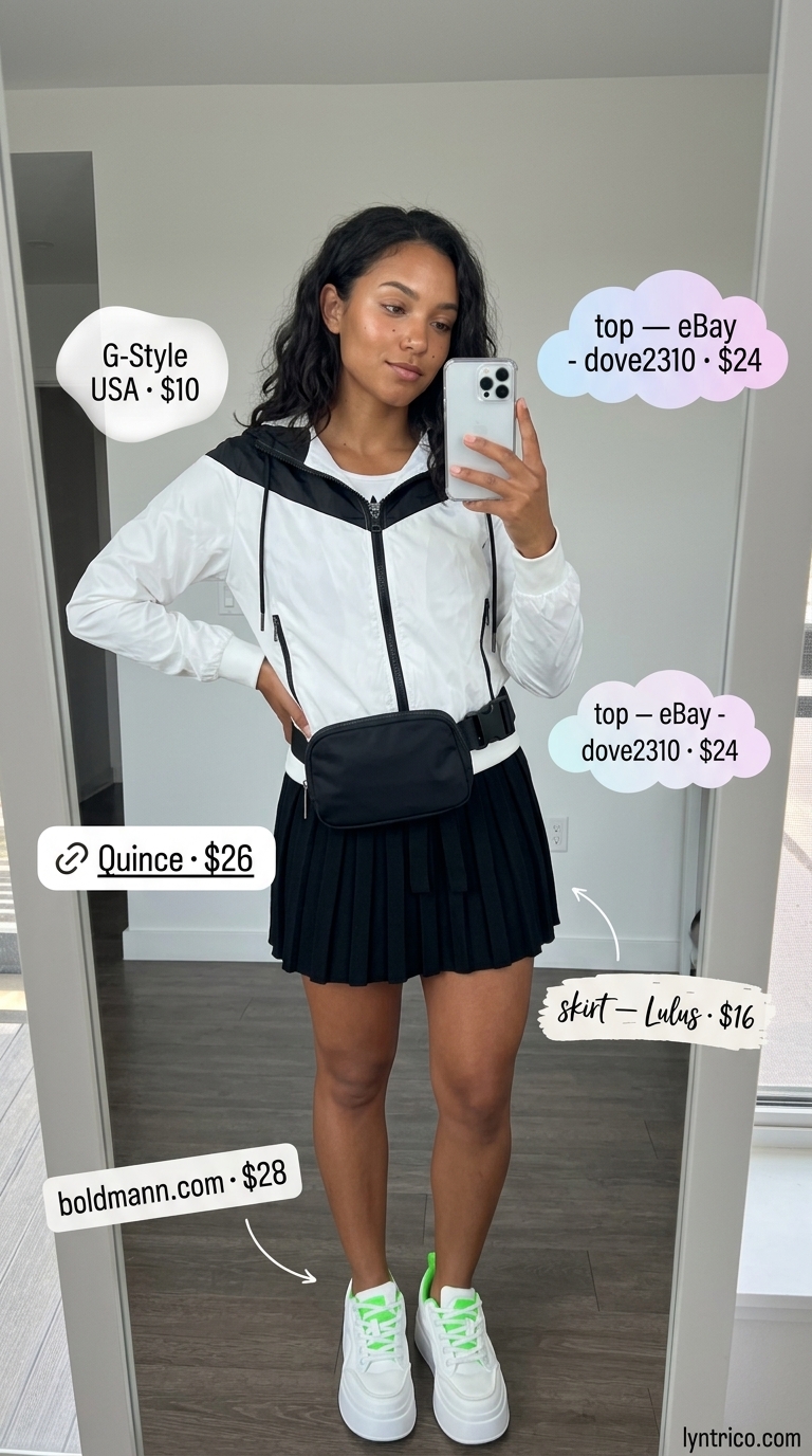 Sporty Summer Pleated Skirt Outfits 2026: Active Chic Sporty summer pleated skirt outfit 2026: Black knit mini skirt, white crop top, oversized windbreaker, lime green sneakers.