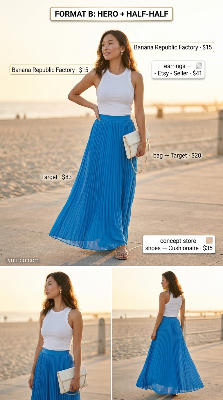 Dreamy Summer Pleated Skirt Outfits 2026: Beach Dinner Dreamy summer pleated skirt outfit 2026: Sky blue maxi skirt, white tank, nude sandals for beach dinner.