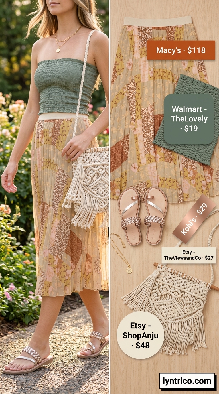 Boho Garden Summer Pleated Skirt Outfits 2026 Bohemian summer pleated skirt outfit 2026 with floral maxi skirt, sage top, and macrame bag for garden party.