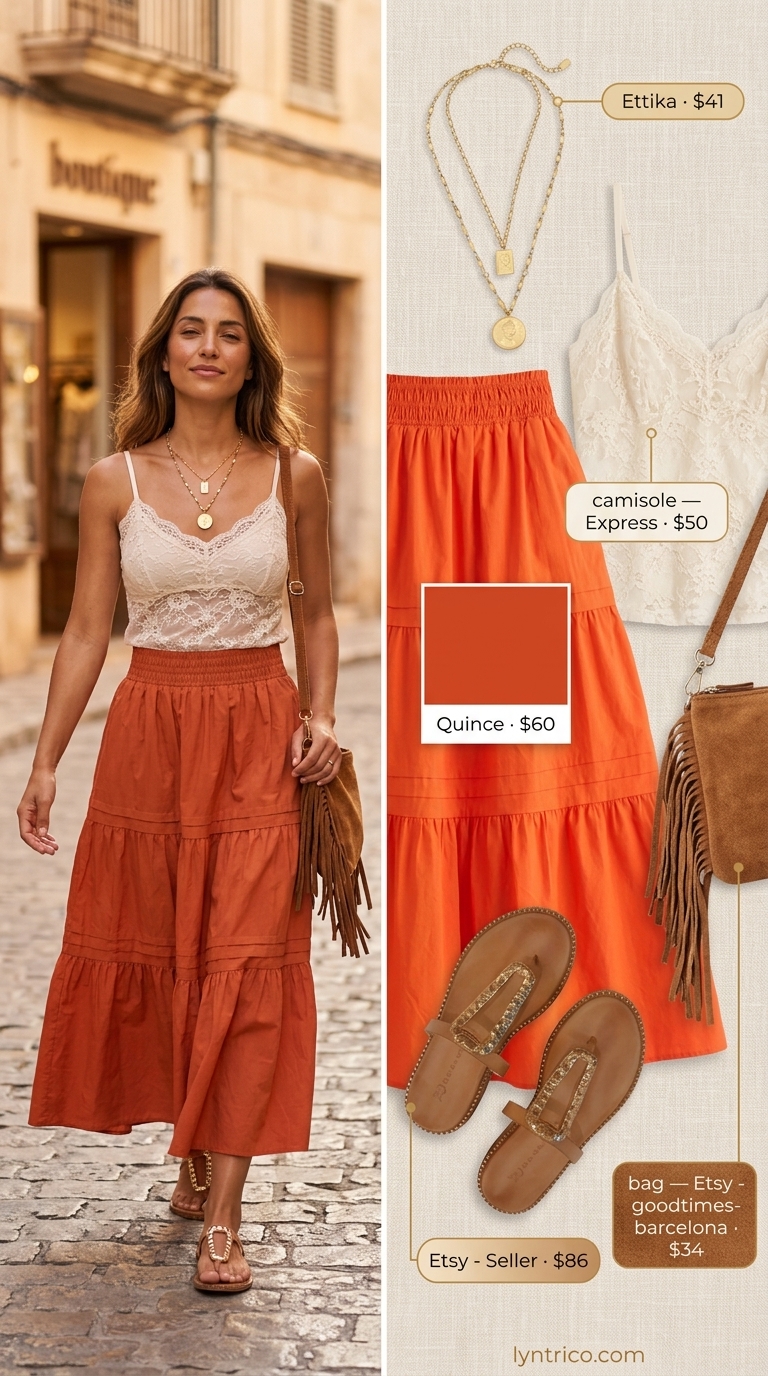 Boho Sunset Summer Pleated Skirt Outfits 2026 Boho summer pleated skirt outfit 2026 with terracotta maxi skirt, cream camisole, and suede bag for sunset soiree.