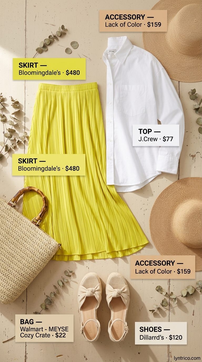 Cheerful Summer Pleated Skirt Outfits 2026: Brunch Style Cheerful summer pleated skirt outfit 2026: Lemon yellow midi skirt, white shirt, espadrilles for brunch.