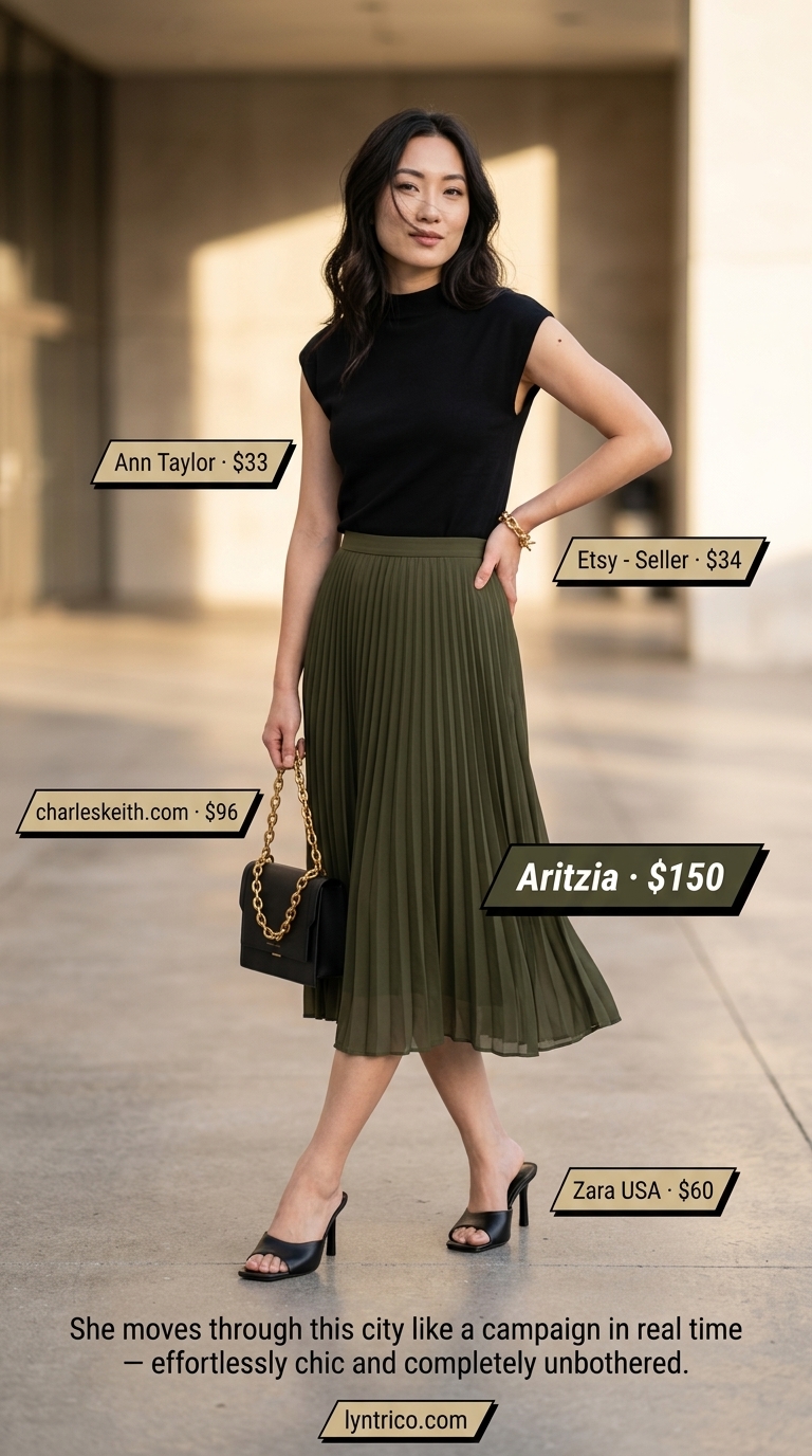 Sophisticated Summer Pleated Skirt Outfits 2026: City Chic Sophisticated summer pleated skirt outfit 2026: Olive green midi skirt, black top, gold mules for city.