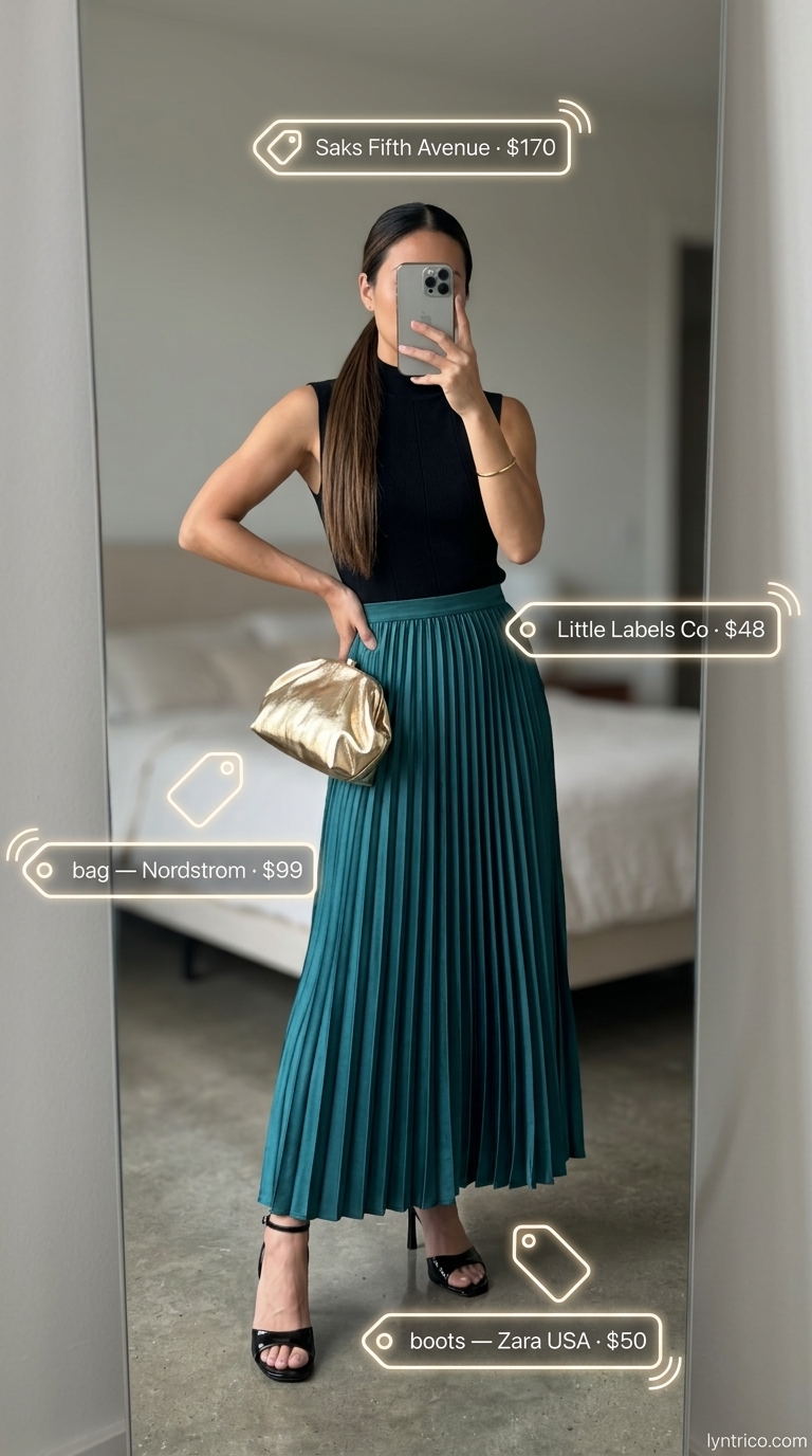 Emerald City Gala Summer Pleated Skirt Outfits 2026 Elegant summer pleated skirt outfits 2026: Emerald green satin skirt, black turtleneck, gold accessories for a gala.