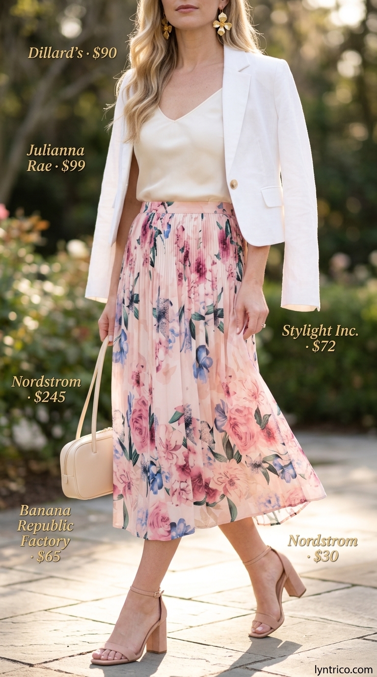 Enchanted Garden Summer Pleated Skirt Outfits 2026 Romantic summer pleated skirt outfit 2026 with floral midi skirt, cream blazer, and block heels for garden party.