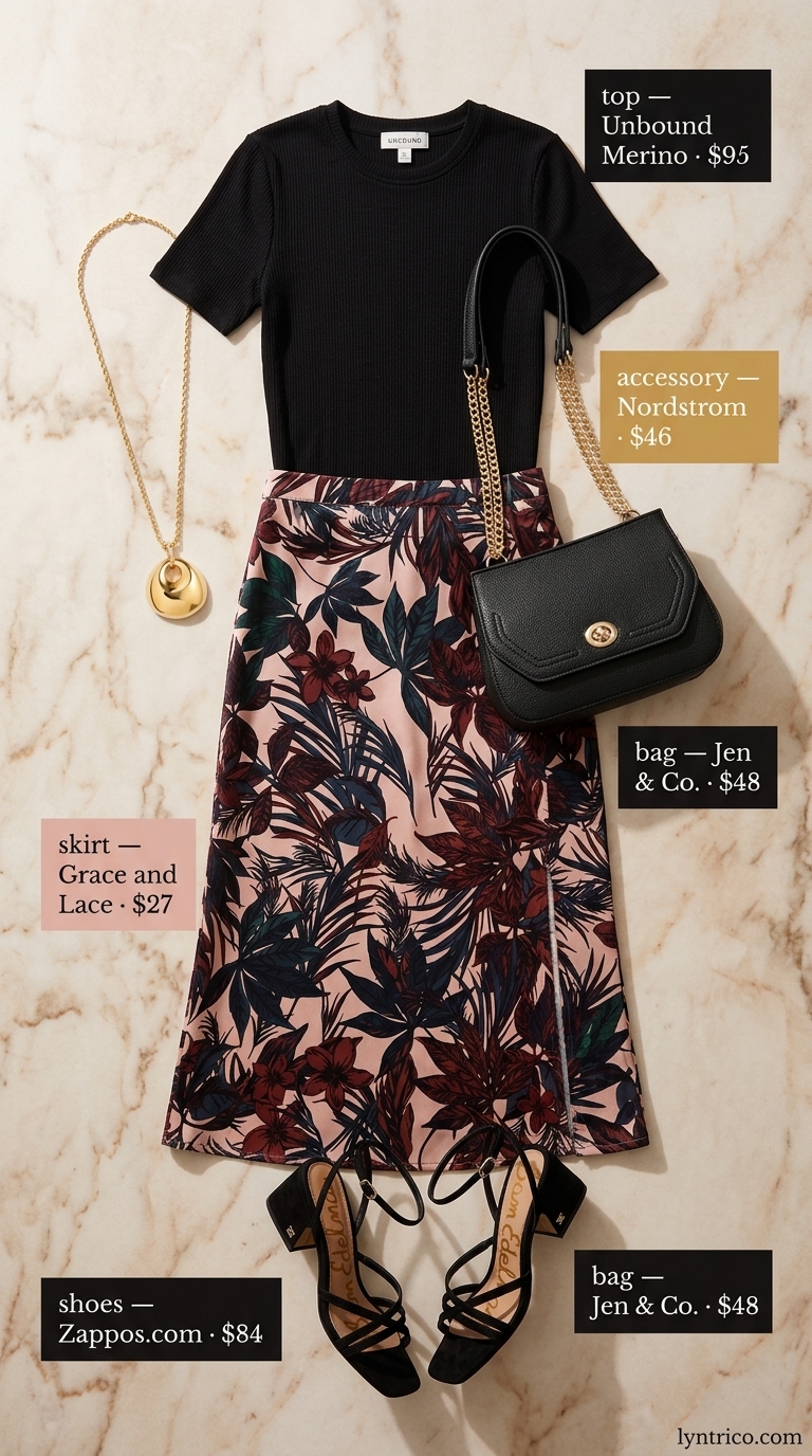 Elegant Summer Pleated Skirt Outfits 2026 Sophisticated summer pleated skirt outfit 2026 for evening events: black knit top, floral satin midi skirt, gold necklace, black bag & heels.