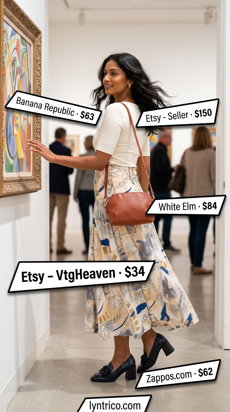 Artsy Gallery Opening Summer Pleated Skirt Outfits 2026 Artsy summer pleated skirt outfits 2026: Terracotta abstract print skirt, cream top, navy mules for gallery opening.