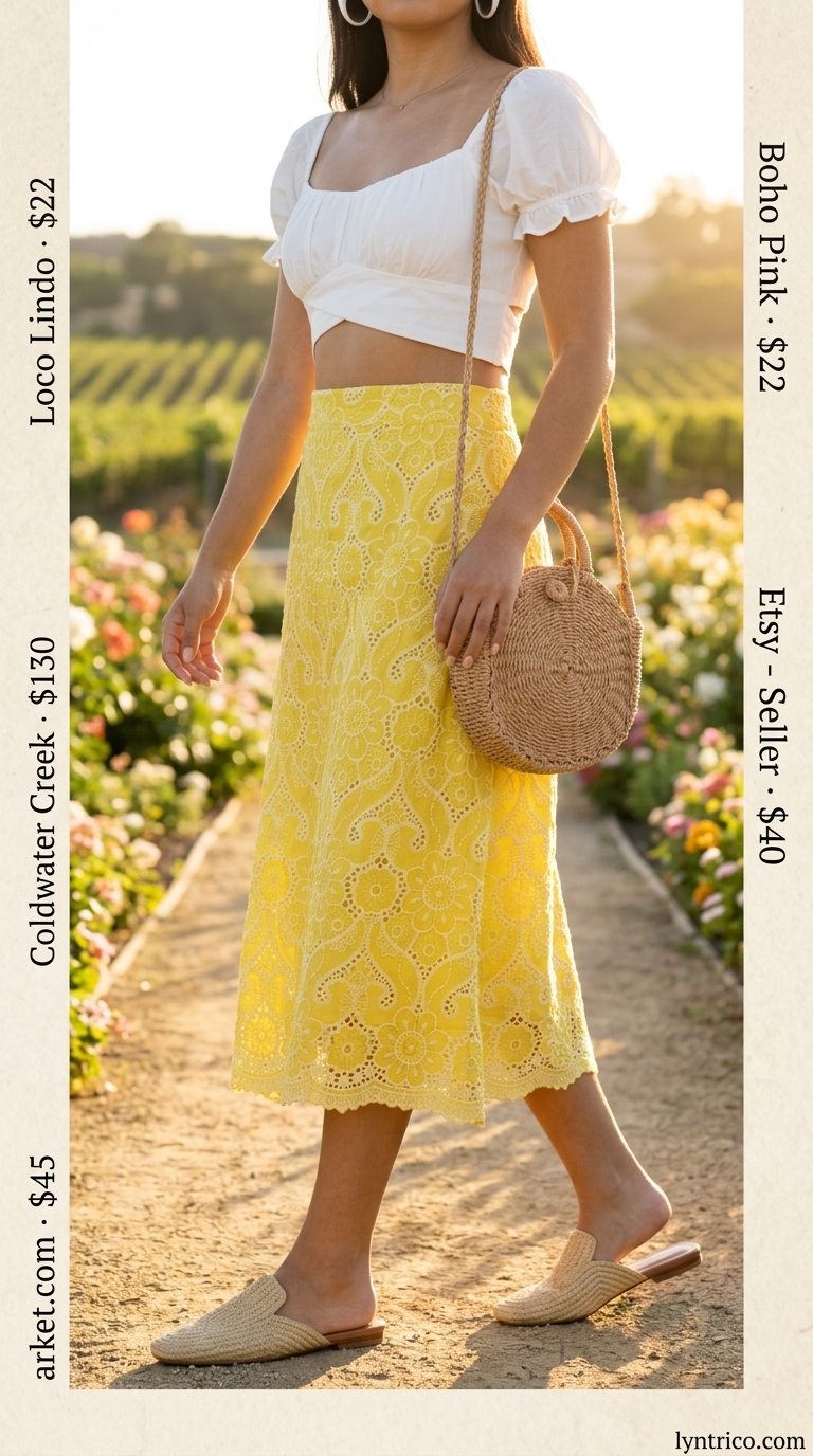 Sweet Summer Pleated Skirt Outfits 2026: Garden Party Sweet summer pleated skirt outfit 2026: Lemon yellow eyelet skirt, white blouse, straw bag for garden party.