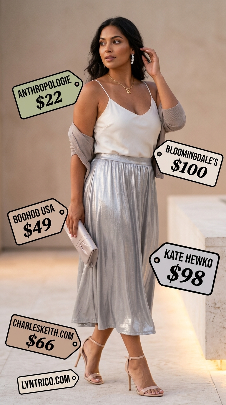 Glamorous Sunset Summer Pleated Skirt Outfits 2026 Glamorous summer pleated skirt outfit 2026 with silver metallic skirt, off-white cami, and heels for sunset cruise.