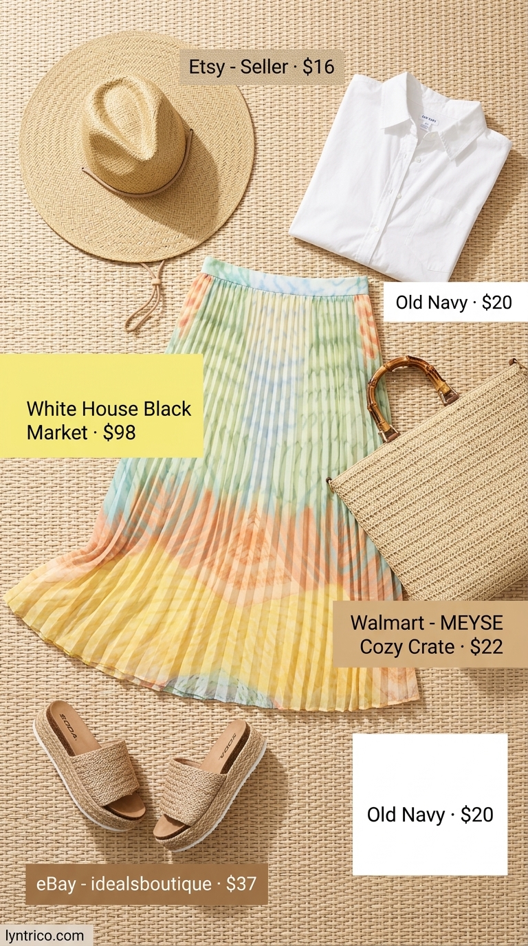 Golden Hour Summer Pleated Skirt Outfits 2026 Cheerful summer pleated skirt outfit 2026 with lemon yellow midi skirt, white shirt, and straw hat for brunch.