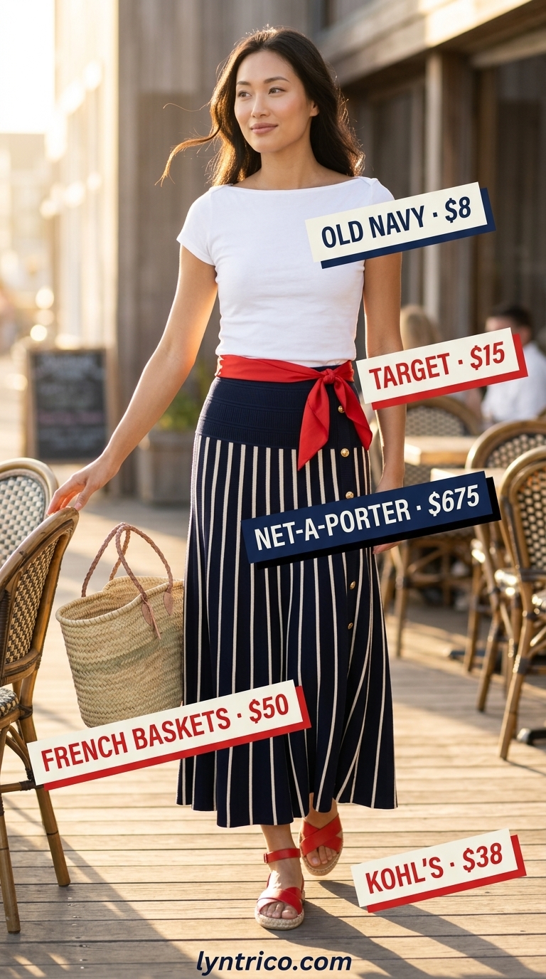 Nautical Boardwalk Stroll Summer Pleated Skirt Outfits 2026 Chic summer pleated skirt outfits 2026: Navy stripe midi skirt, white top, espadrilles for a boardwalk stroll.