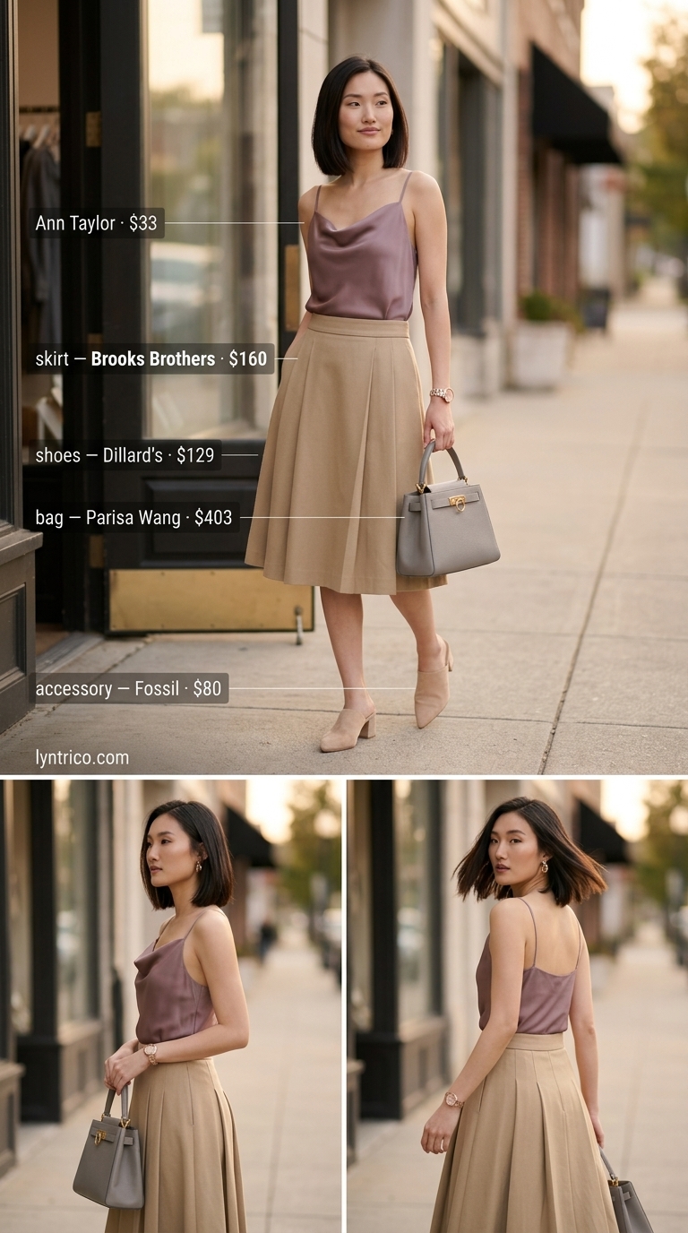 Office Summer Pleated Skirt Outfits 2026 Chic summer pleated skirt outfit 2026 for office: beige wool skirt, blush satin top, rose gold watch, nude mules, and taupe satchel.