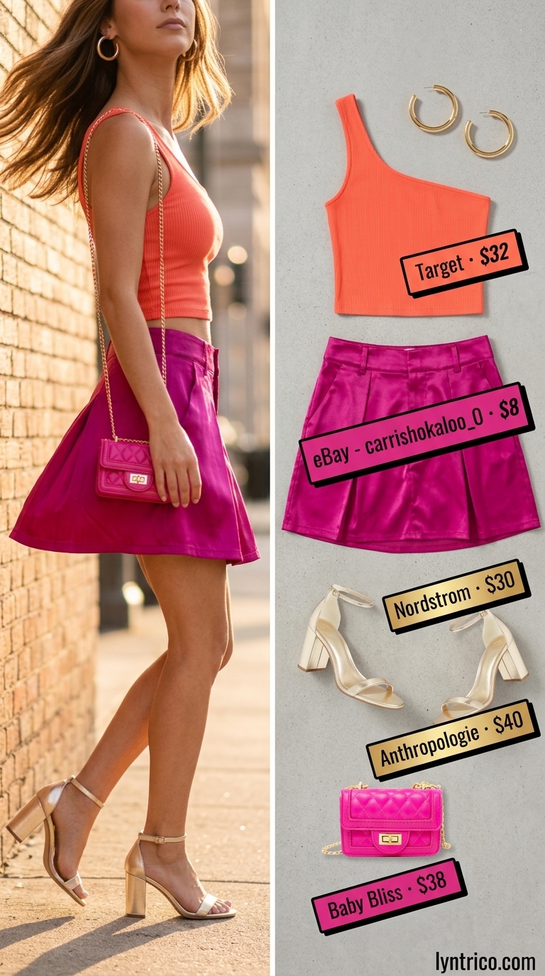 Glamorous Summer Pleated Skirt Outfits 2026: Party Siren Glamorous summer pleated skirt outfit 2026: Fuchsia mini skirt, burnt orange crop top, gold sandals for parties.