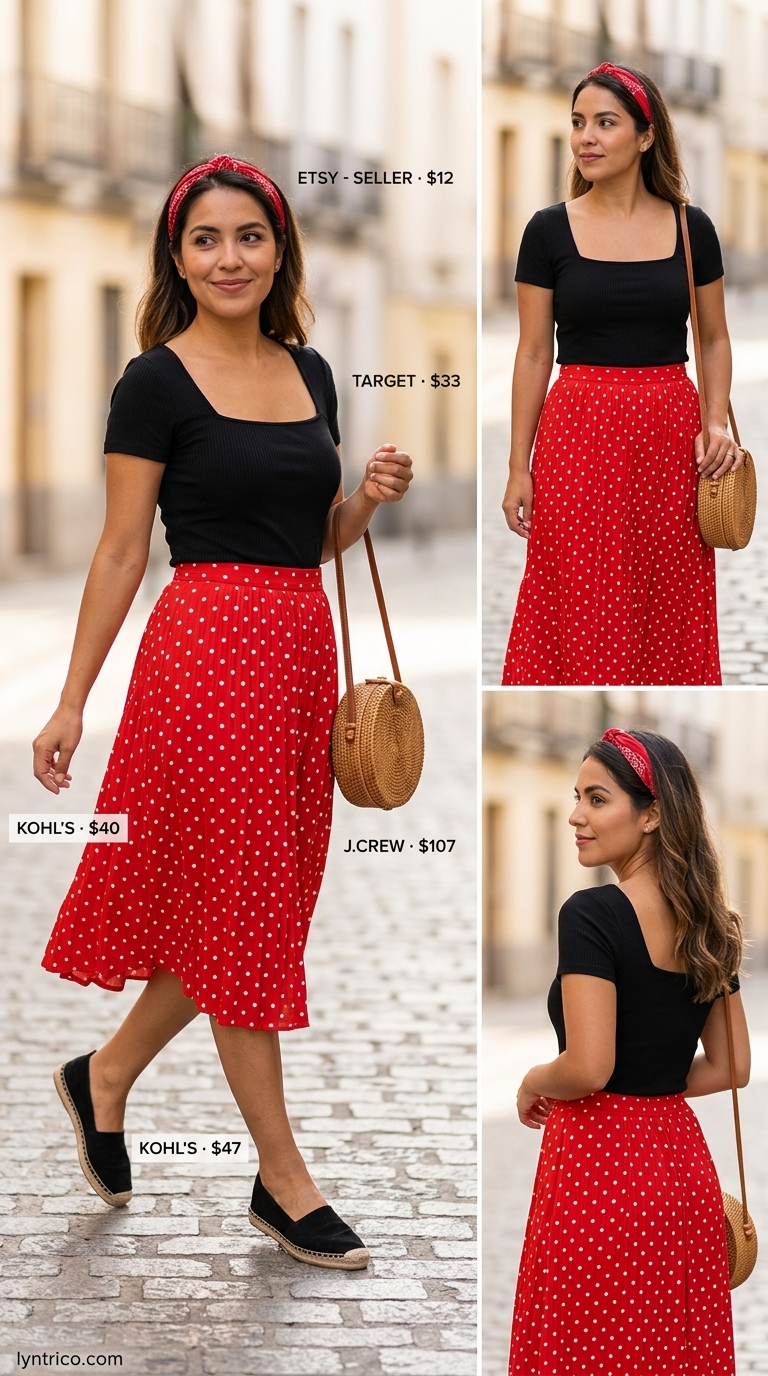 Retro Summer Pleated Skirt Outfits 2026: Picnic Charm Retro summer pleated skirt outfit 2026: Polka dot midi skirt, white top, red bandana, espadrilles for picnics.