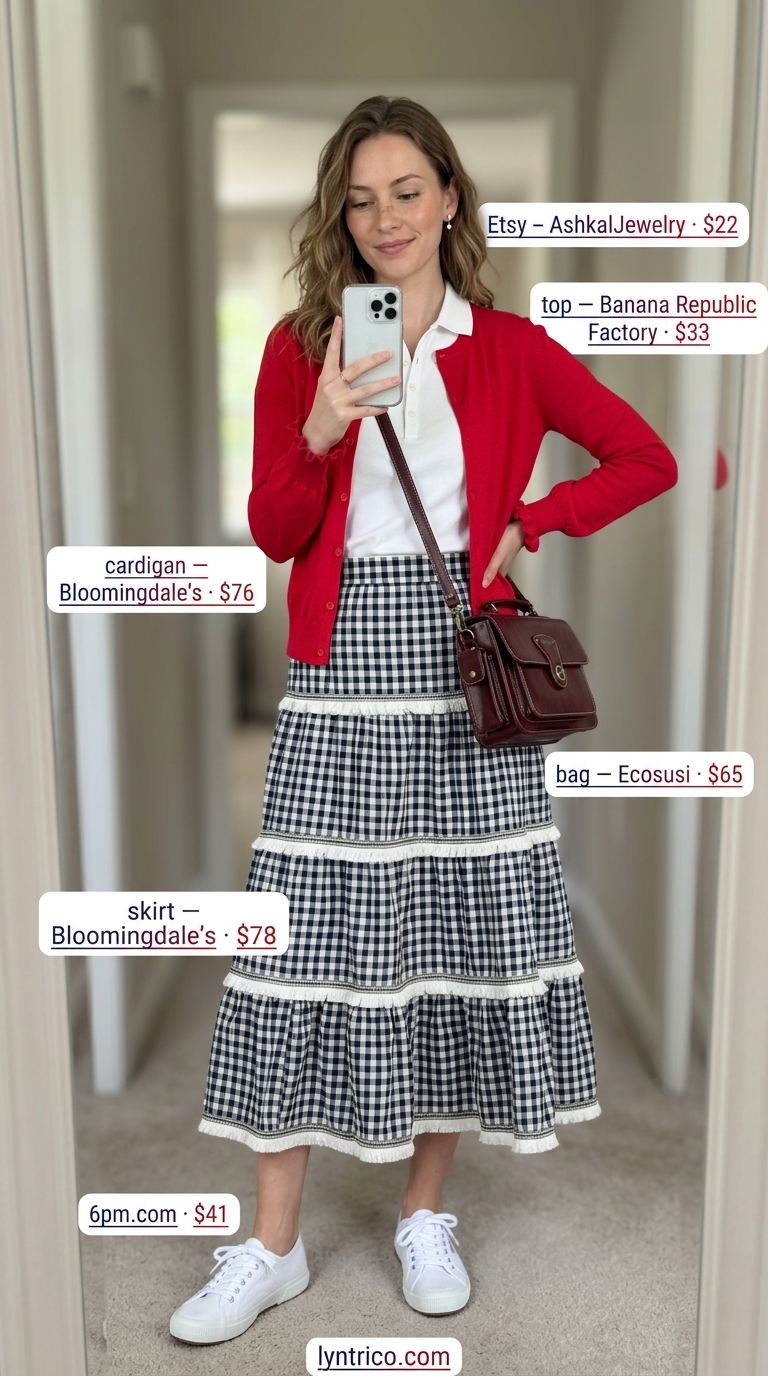 Preppy Summer Pleated Skirt Outfits 2026: Picnic Prep Preppy summer pleated skirt outfit 2026: Gingham midi skirt, white polo, red cardigan for picnics.