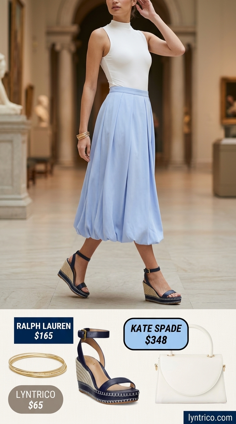 Riviera Summer Pleated Skirt Outfits 2026 Elegant summer pleated skirt outfit 2026 with sky blue midi skirt, white mock neck top, and espadrilles for Riviera.