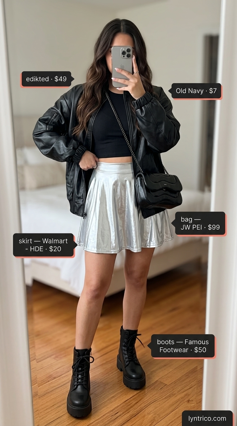 Electric Summer Night Summer Pleated Skirt Outfits 2026 Edgy summer pleated skirt outfits 2026: Silver metallic mini skirt, black crop top, combat boots for a night out.