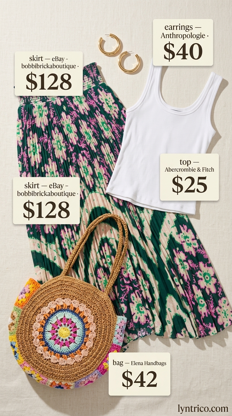 Tropical Summer Pleated Skirt Outfits 2026 Tropical summer pleated skirt outfit 2026 with green maxi skirt, white tank, and gold accessories for resort vacation.