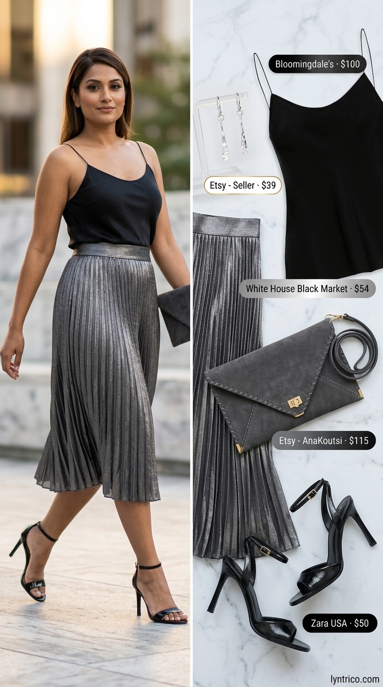 Twilight Summer Pleated Skirt Outfits 2026 Glamorous summer pleated skirt outfit 2026 with silver metallic skirt, black cami, and heels for cocktail party.