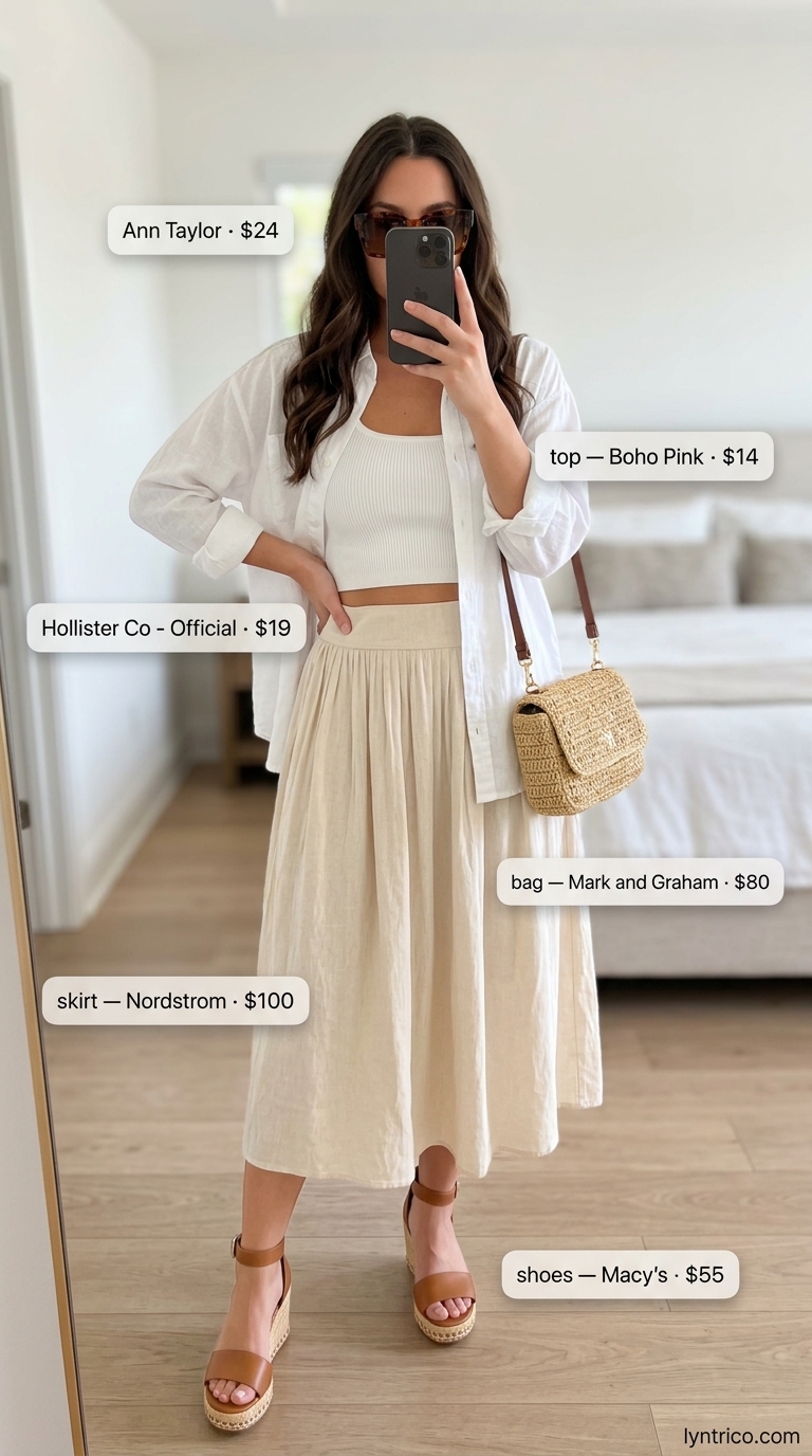 Relaxed Summer Pleated Skirt Outfits 2026: Vacation Lunch Relaxed summer pleated skirt outfit 2026: Linen midi skirt, white shirt, terracotta wedges for vacation lunch.