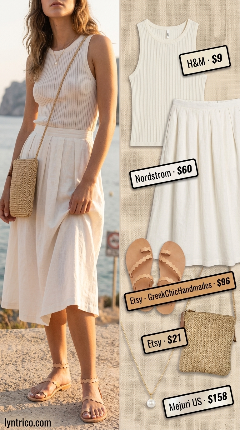 Coastal Serenity Brunch Summer Pleated Skirt Outfits 2026 Relaxed summer pleated skirt outfits 2026: White A-line skirt, ivory tank, tan sandals for a beach club lunch.