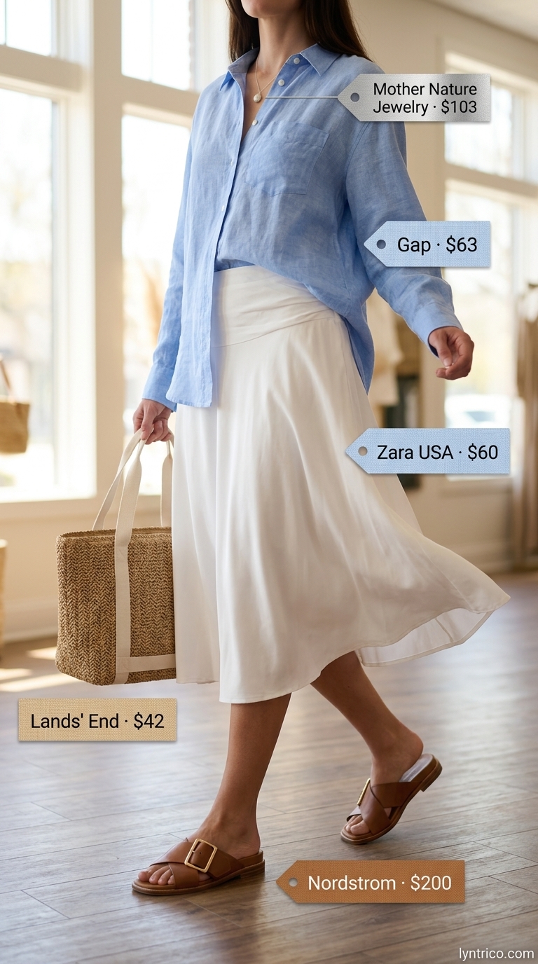 Azure Breeze Brunch Summer Pleated Skirt Outfits 2026 Fresh summer pleated skirt outfits 2026: White pleated midi skirt, sky blue shirt, tan slides for a brunch.