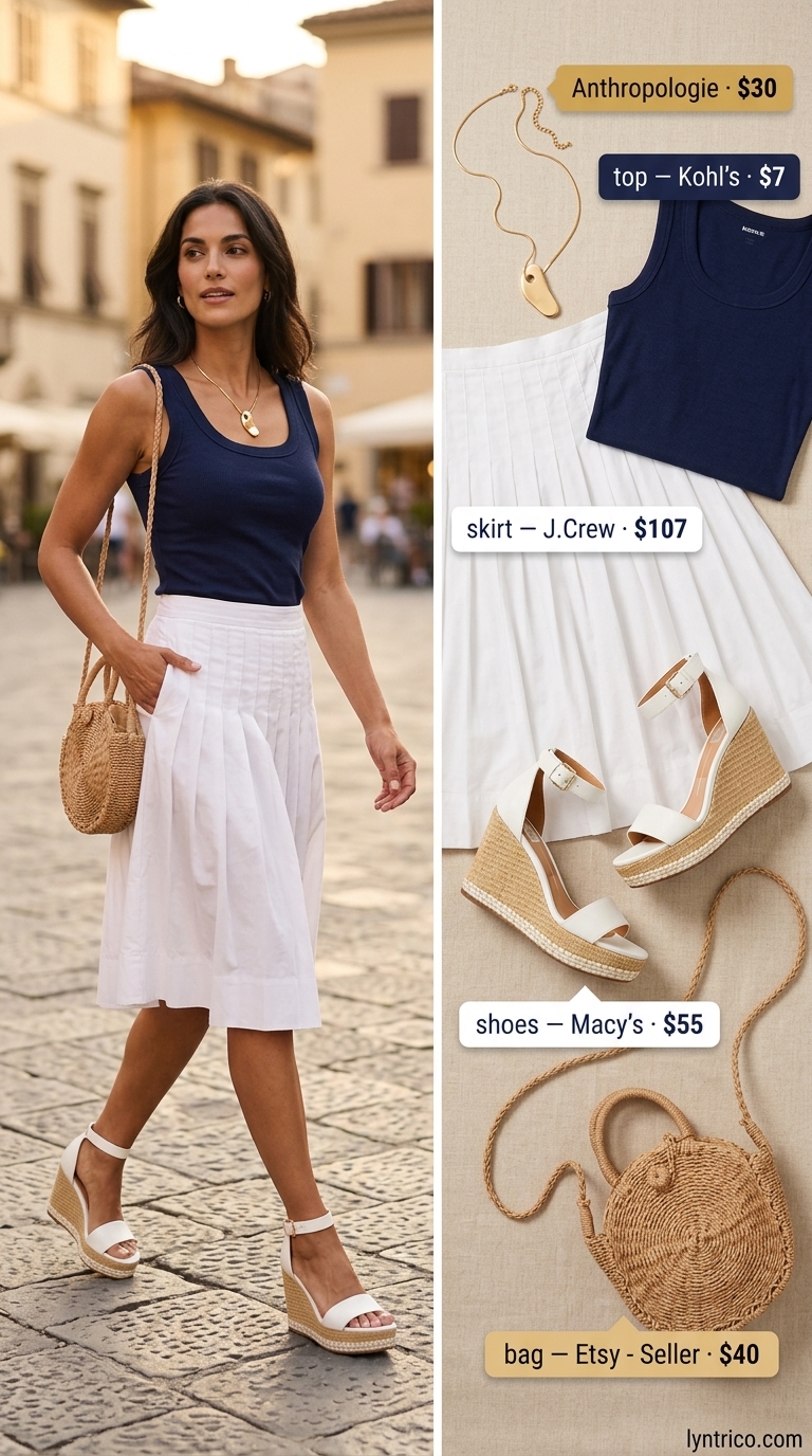 Riviera Retreat Summer Pleated Skirt Outfits 2026 Elegant summer pleated skirt outfits 2026: White pleated skirt, navy tank, espadrilles for Riviera resort wear.