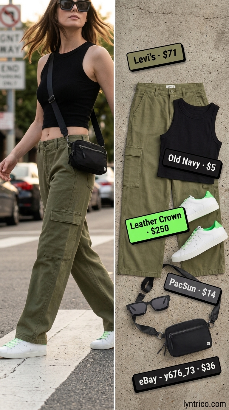 Cargo pants & white sneakers with green accents for summer streetwear with sneakers for women 2026.