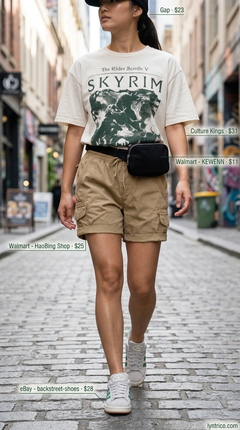 Cargo shorts & chunky sneakers for summer streetwear with sneakers for women 2026. Relaxed outfit.