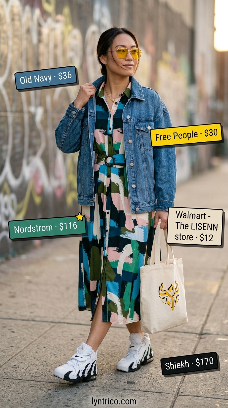 Denim jacket & abstract dress with mid-top sneakers for summer streetwear with sneakers for women 2026.