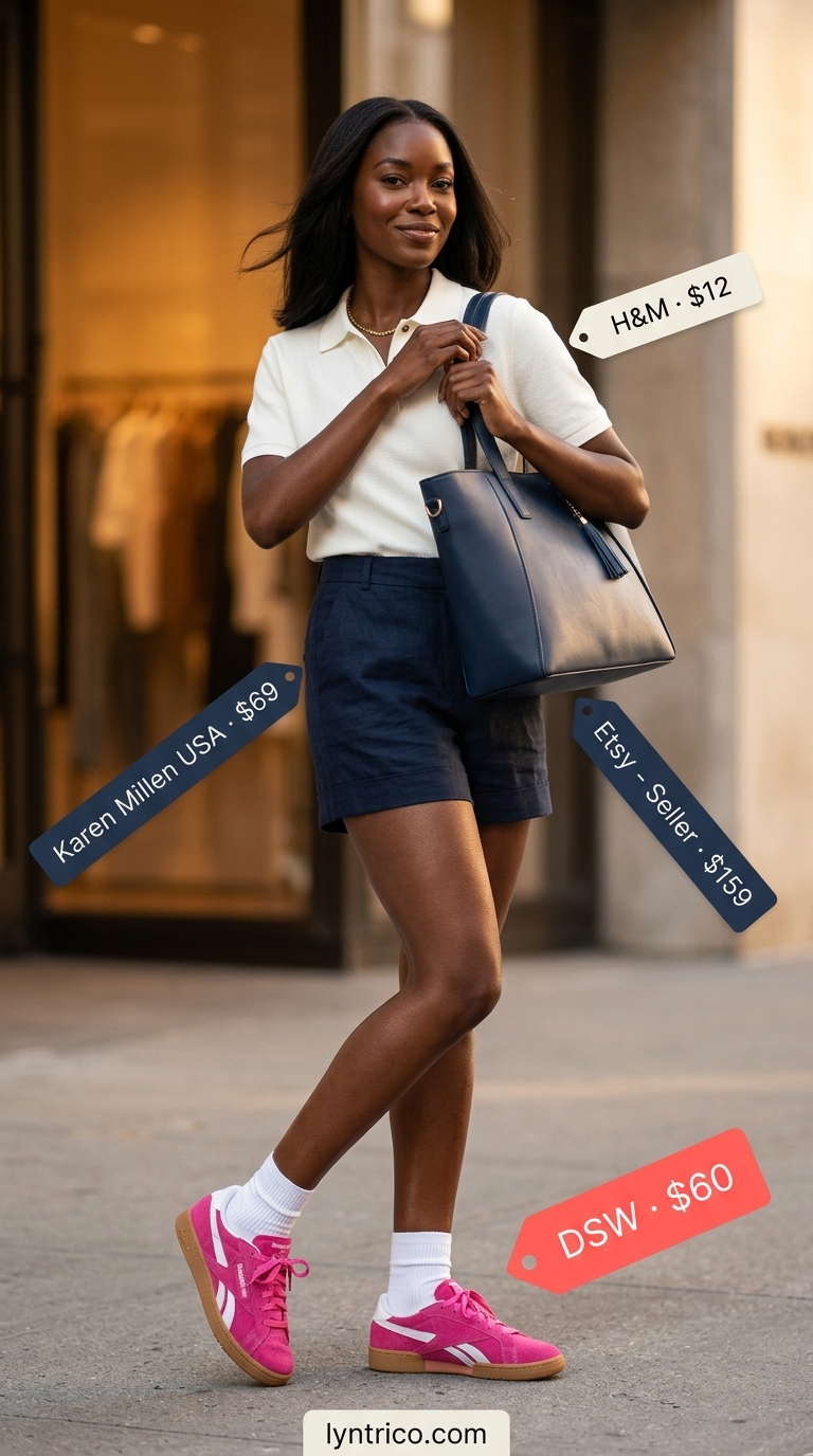 Navy shorts & pink sneakers for summer streetwear with sneakers for women 2026. Preppy outfit.