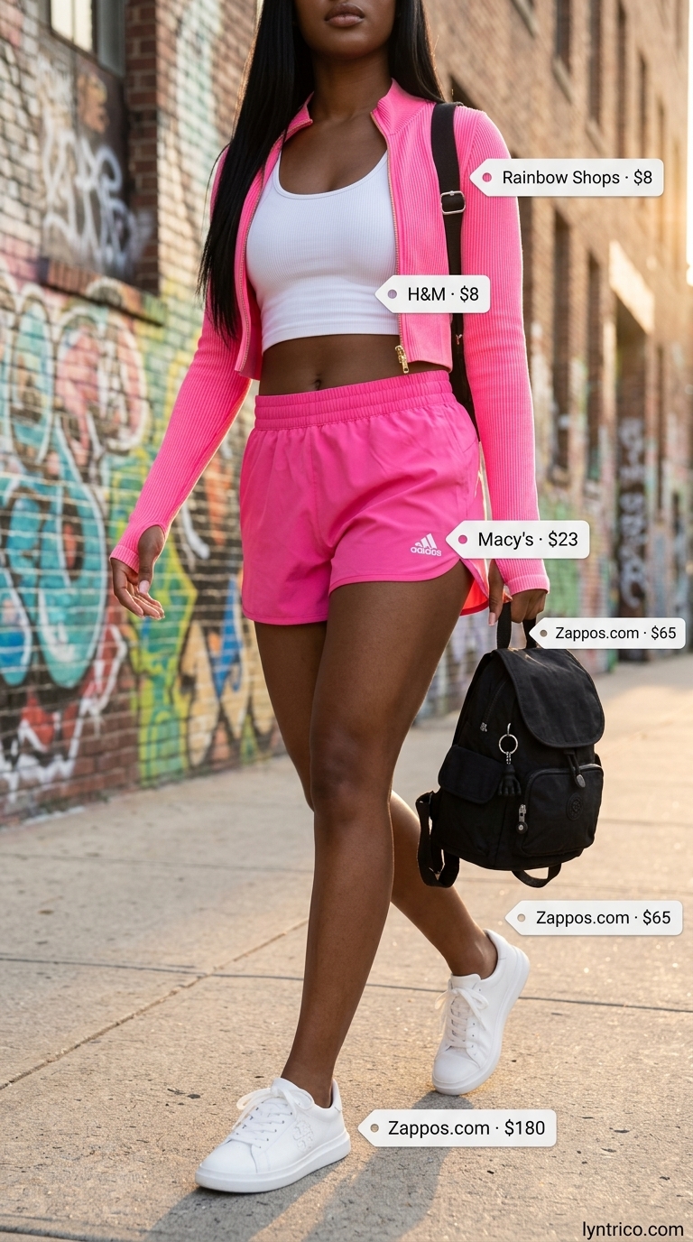 Neon pink jacket & white sneakers for summer streetwear with sneakers for women 2026. Festival outfit.