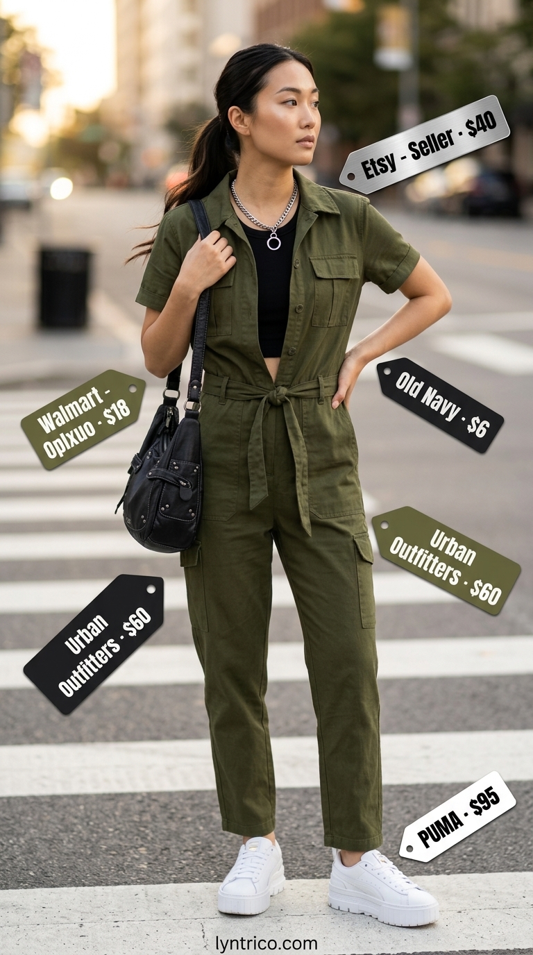 Olive utility jumpsuit & white platform sneakers for summer streetwear with sneakers for women 2026.