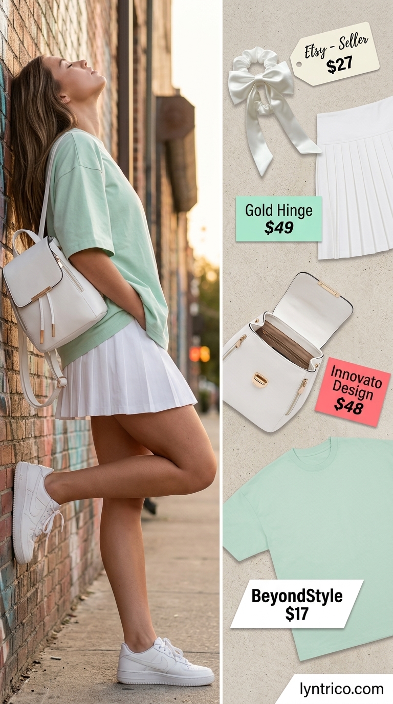 Pastel mint tee & lavender sneakers for summer streetwear with sneakers for women 2026. Casual hangout outfit.