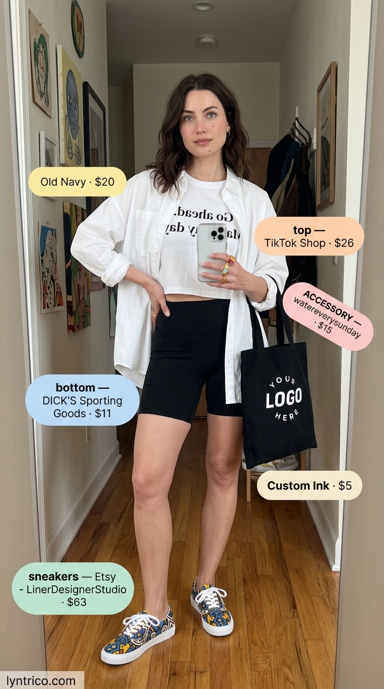 Artistic summer streetwear with sneakers for women 2026: Abstract print sneakers, yellow crop top, white oversized shirt, and cycling shorts.