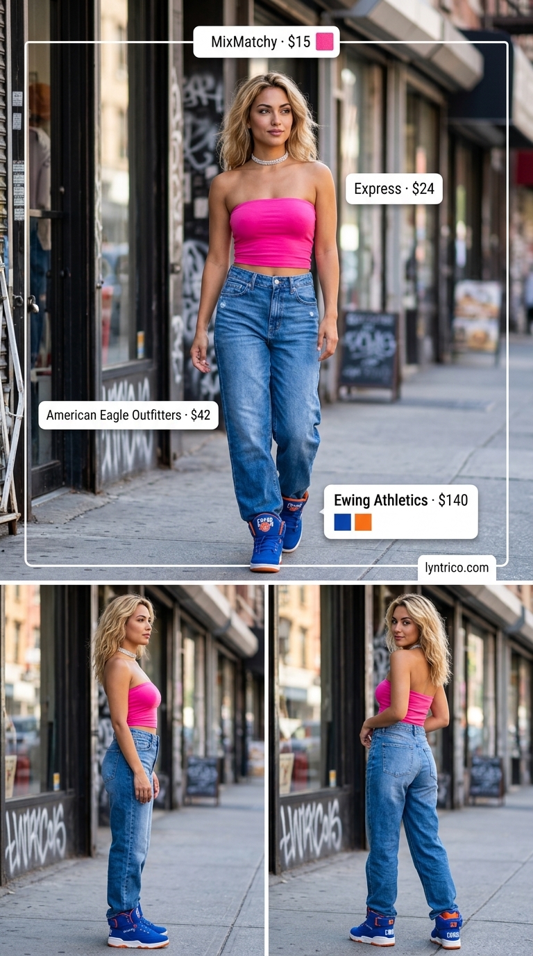 Summer streetwear with sneakers for women 2026: Wide-leg jeans, tube top, and color-blocked sneakers for a bold artistic look.
